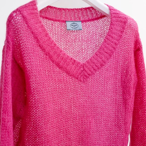 Prada Neon Pink Knit V-Neck Sweater - Picture 3 of 11